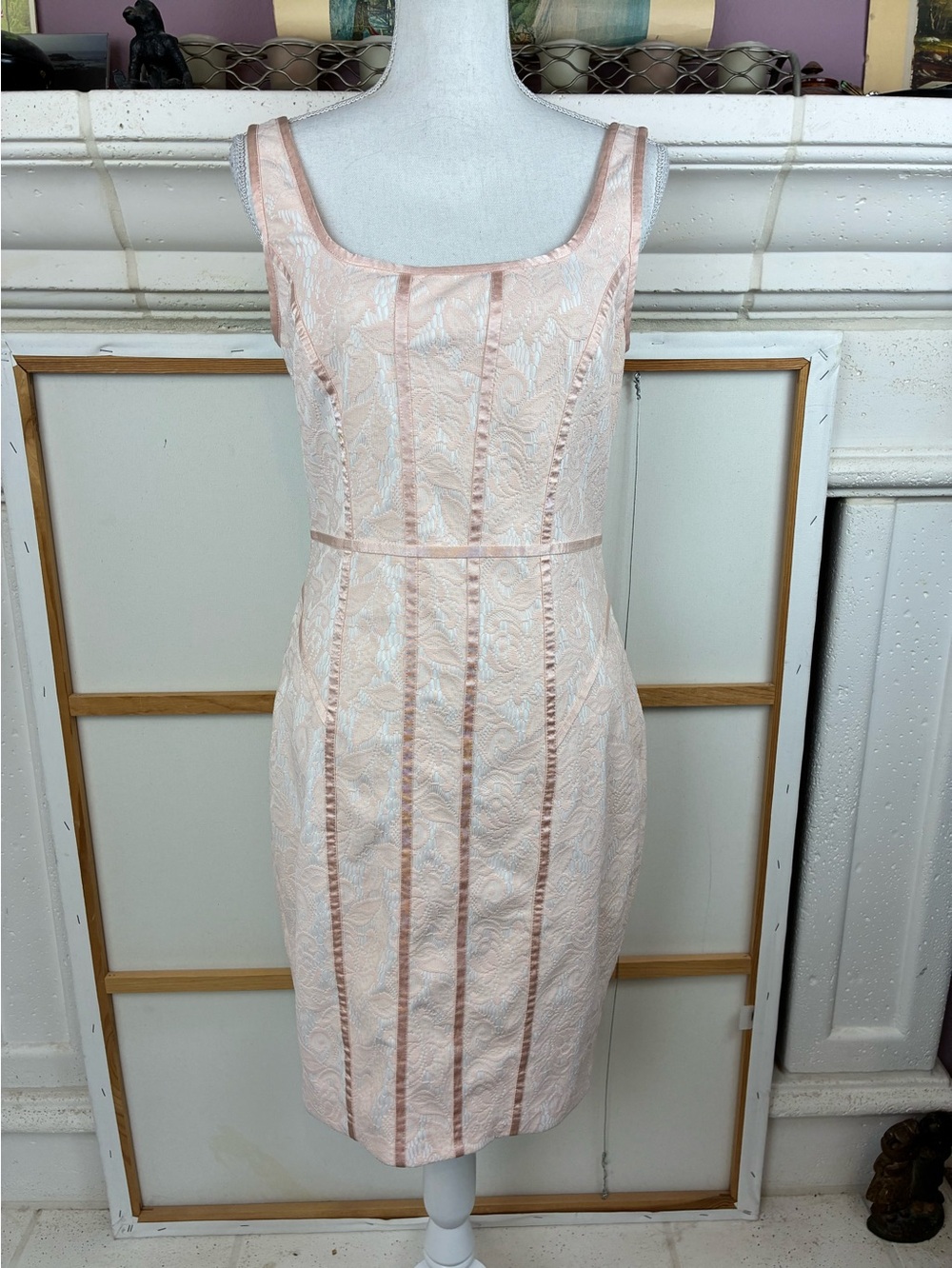 Cache VTG Exquisite Lace & Velvet Ribbon Sleeveless Sheath Dress in Blush Pink
